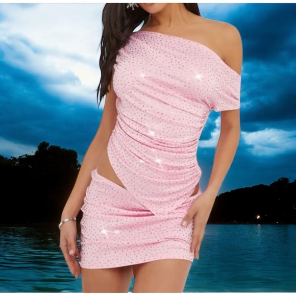 NWT EGO size 4 pink embellished hot fix top & mini skirt set